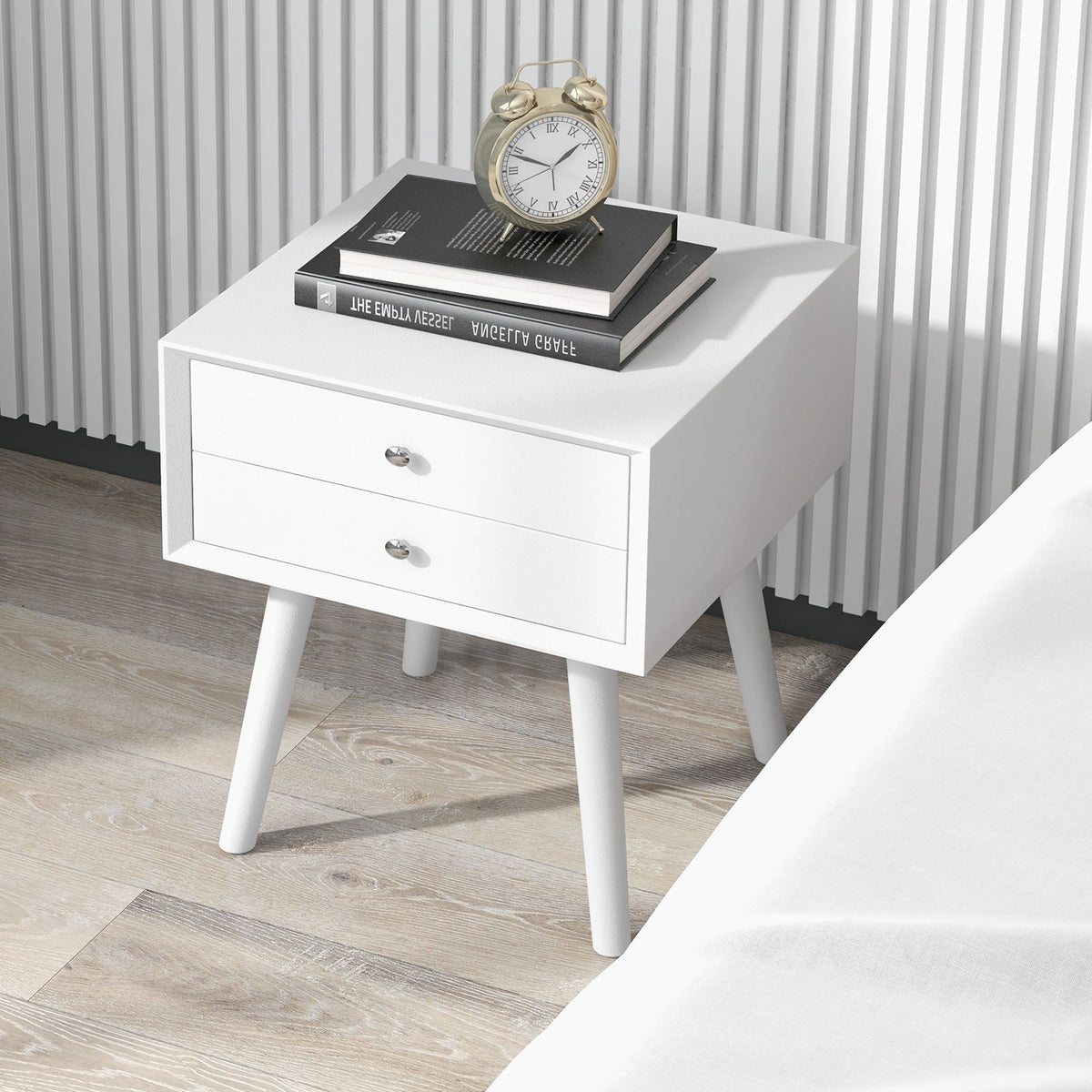 Mid-Century End Table with Storage Drawers - White