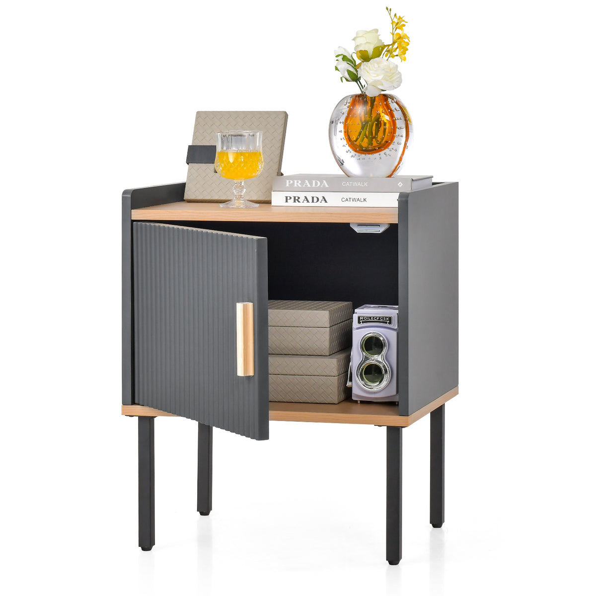 Nightstand End Table with Door Cabinet, Gray