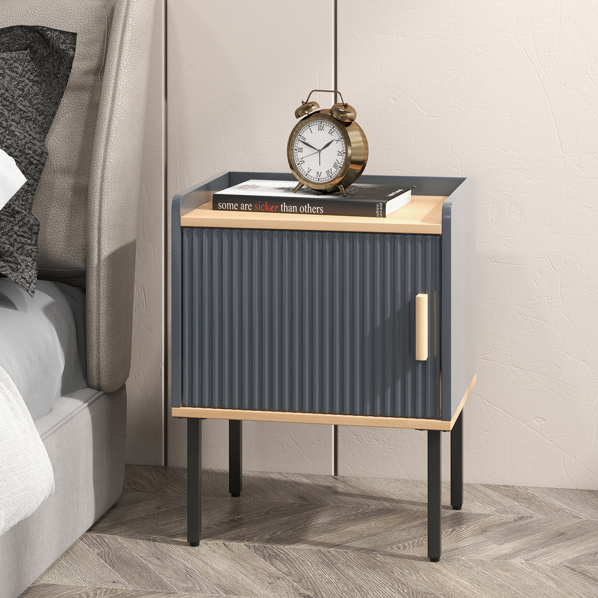Nightstand End Table with Door Cabinet, Gray