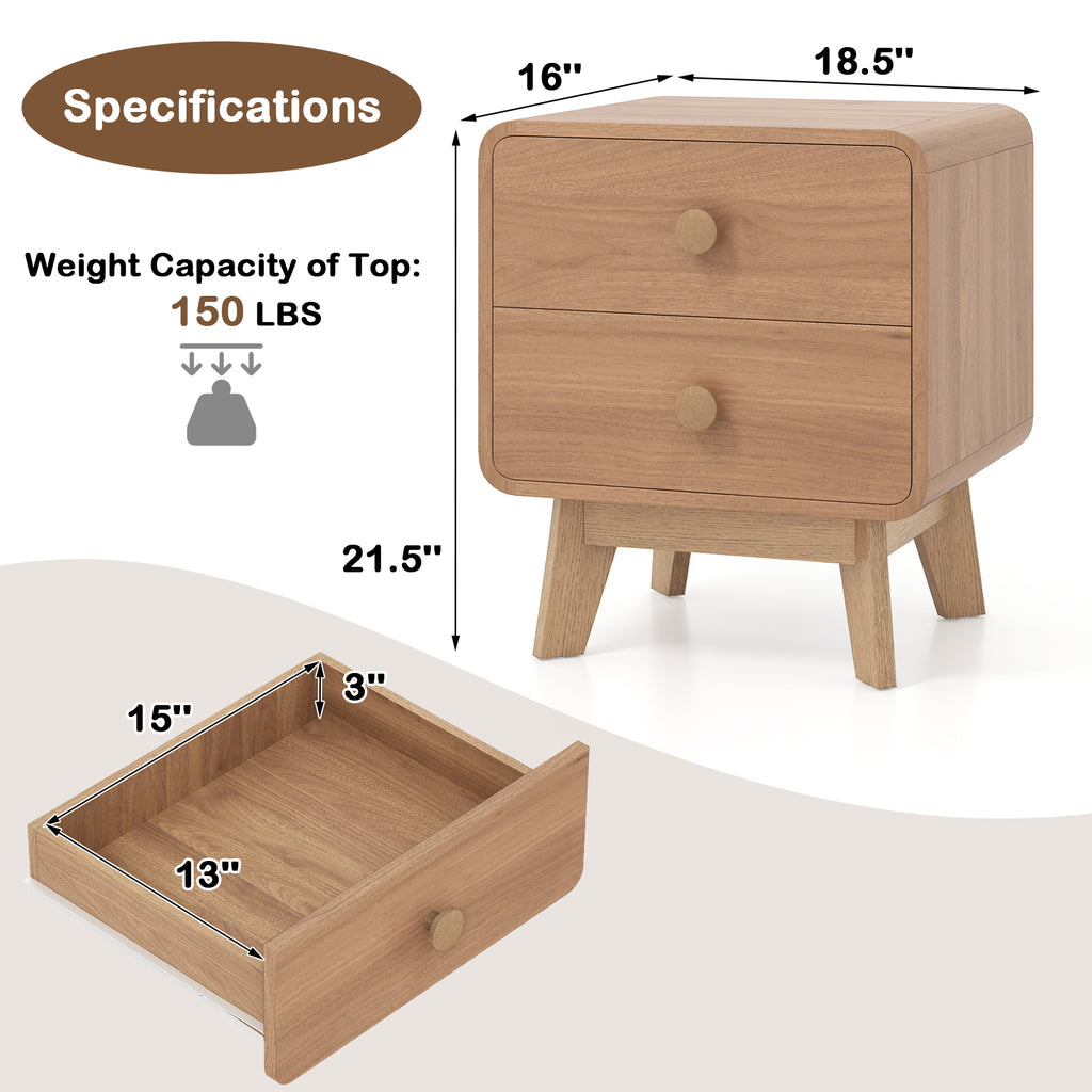 2-Drawer Nightstand with Rubber Wood Legs, Brown