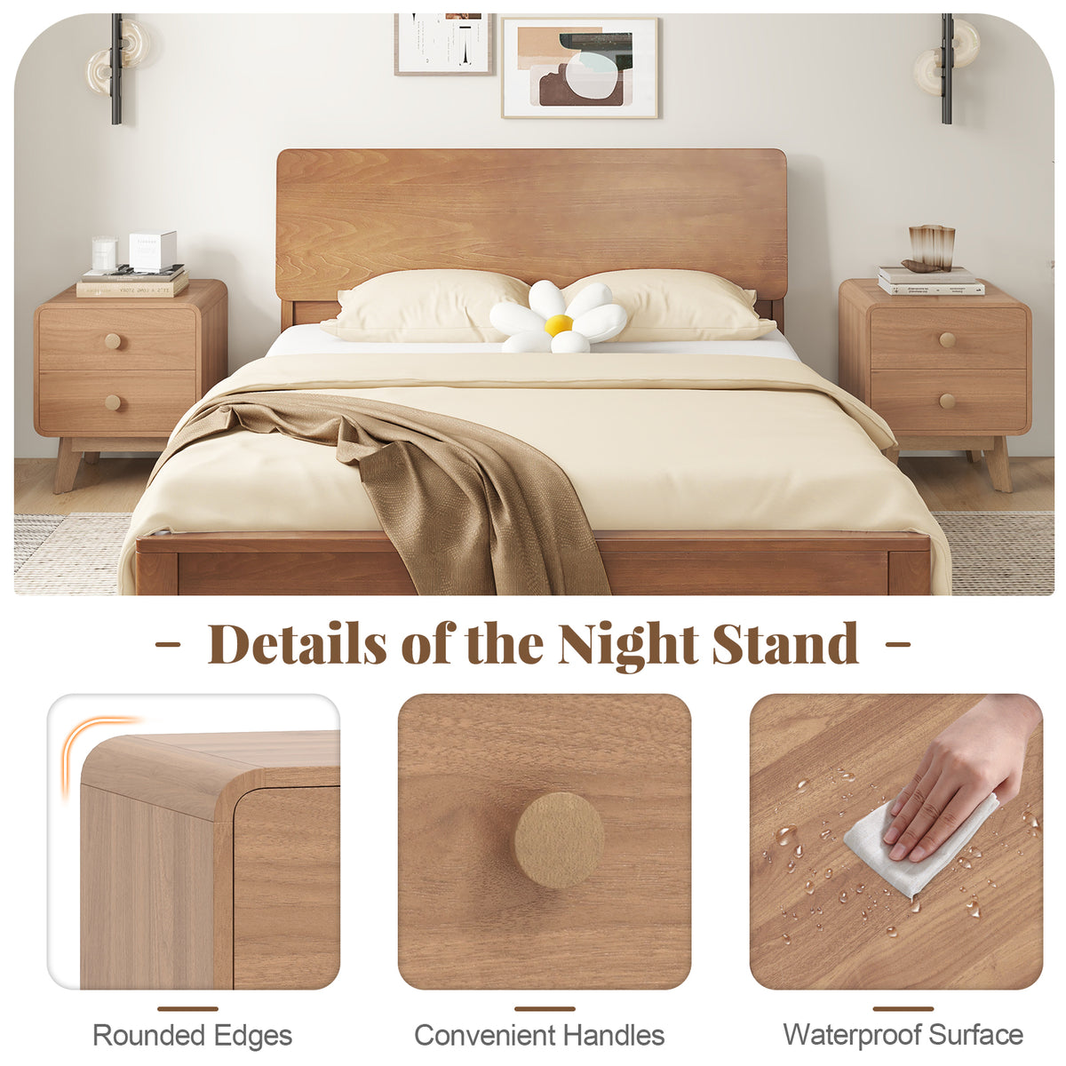 2-Drawer Nightstand with Rubber Wood Legs, Brown