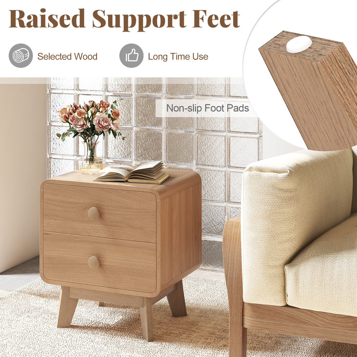 2-Drawer Nightstand with Rubber Wood Legs, Brown