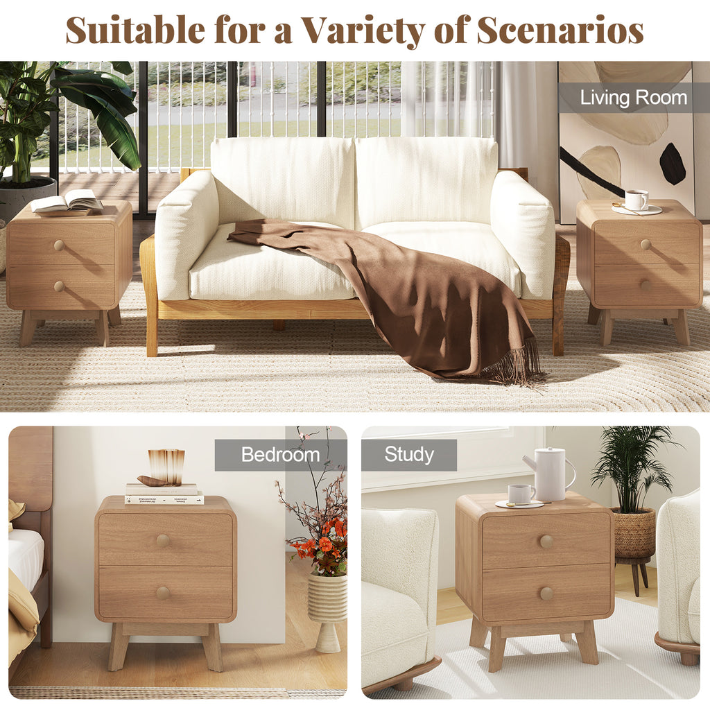 2-Drawer Nightstand with Rubber Wood Legs, Brown
