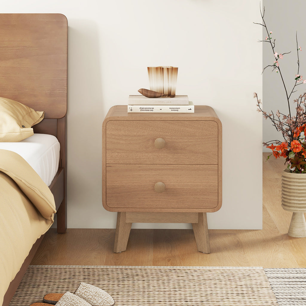 2-Drawer Nightstand with Rubber Wood Legs, Brown