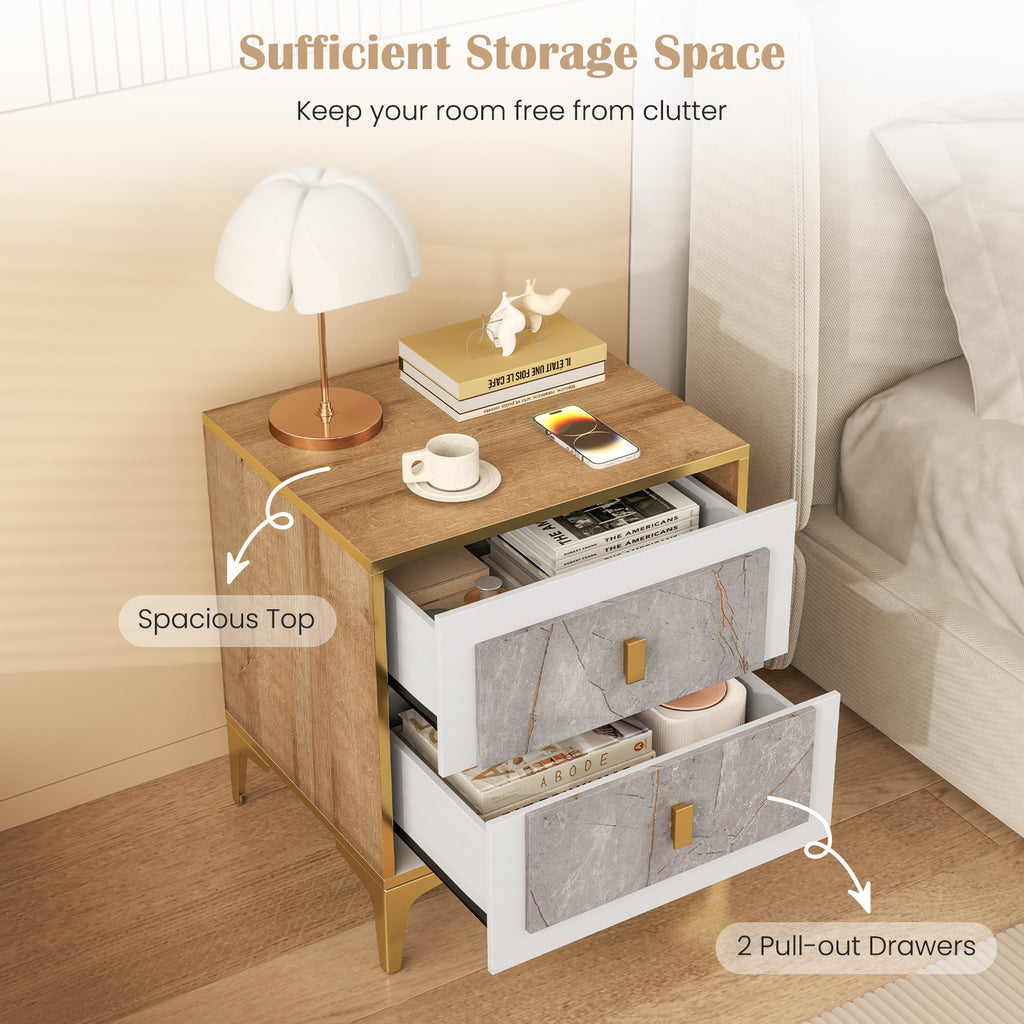 Nightstand with 2 Pull-Out Drawers – Marble Motif