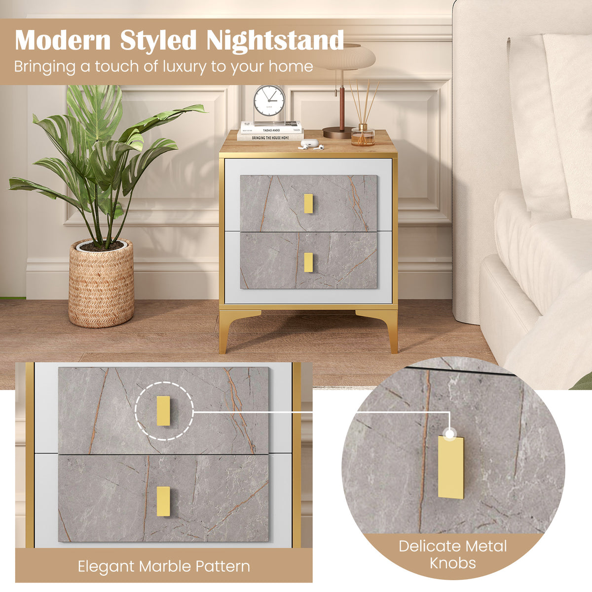 Nightstand with 2 Pull-Out Drawers – Marble Motif