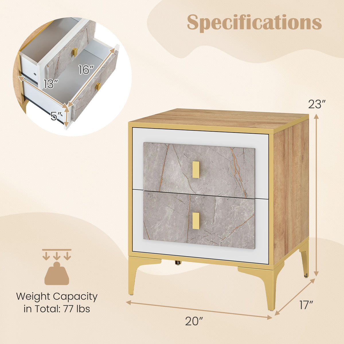 Nightstand with 2 Pull-Out Drawers – Marble Motif
