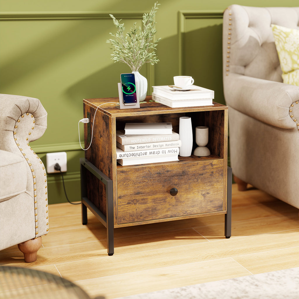 Nightstand with Charging Station and Drawer, Rustic Brown