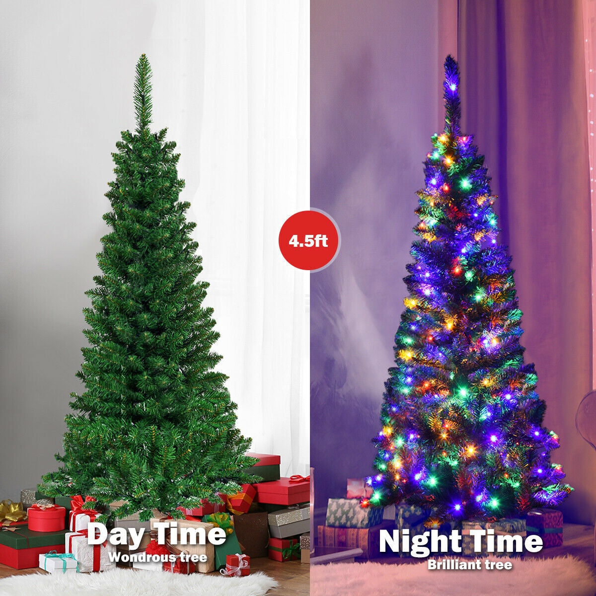 4.5 ft Prelit Pencil Christmas Tree with 250 Colorful LED Lights - Slim & Realistic