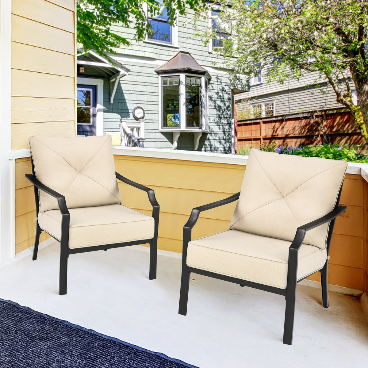 2 Pieces Patio Dining Set with Padded Cushions Armrest and Steel Frame
