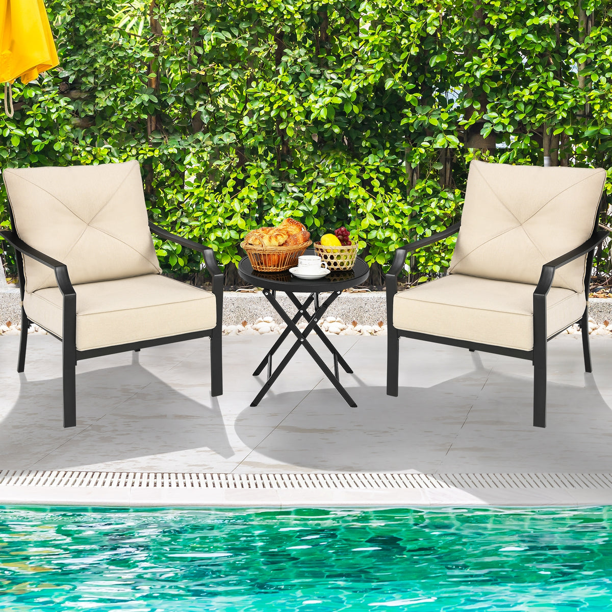 2 Pieces Patio Dining Set with Padded Cushions Armrest and Steel Frame