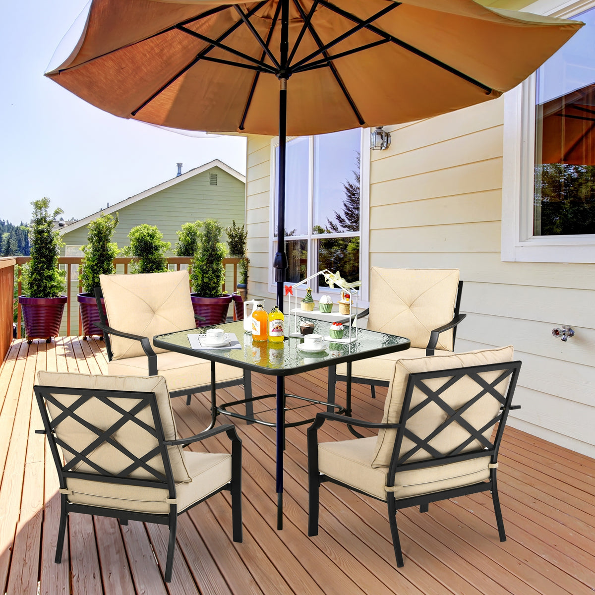 2 Pieces Patio Dining Set with Padded Cushions Armrest and Steel Frame