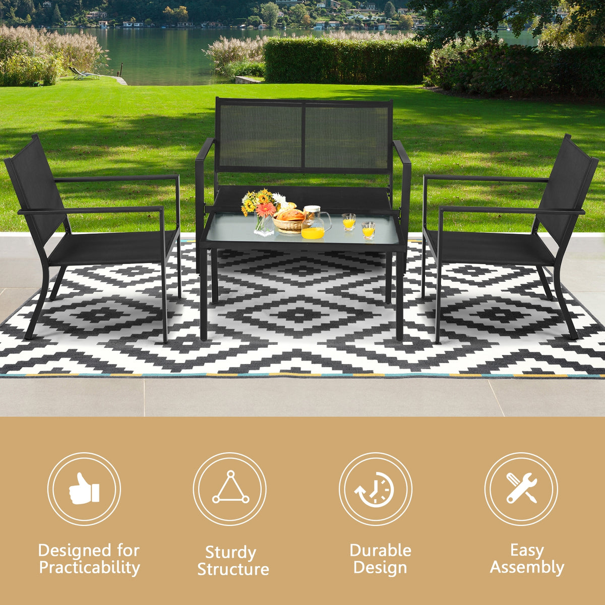 4-Piece Patio Furniture Set with Coffee Table – Gray