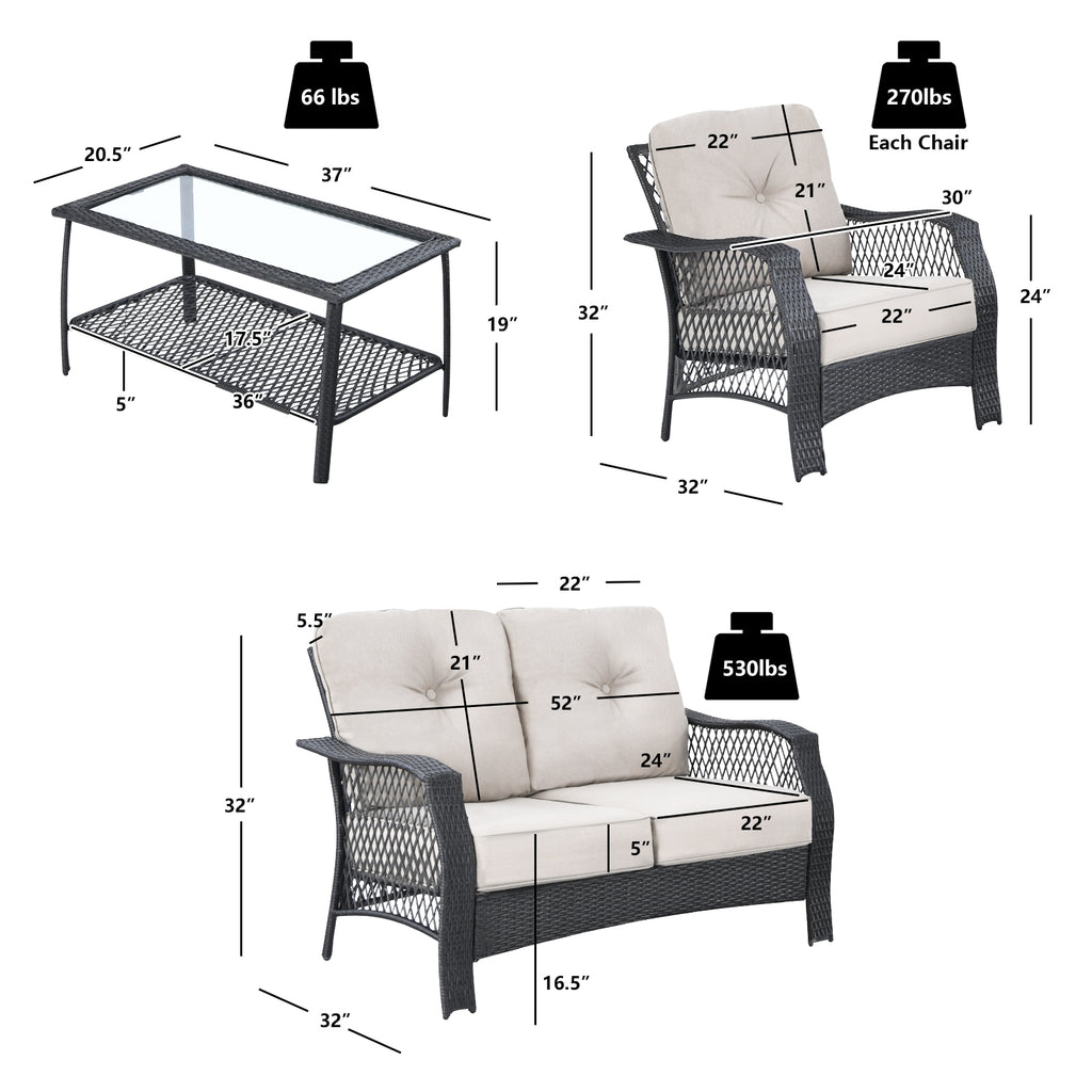 4 Pieces Patio Wicker Furniture Set with Coffee Table and Cushions