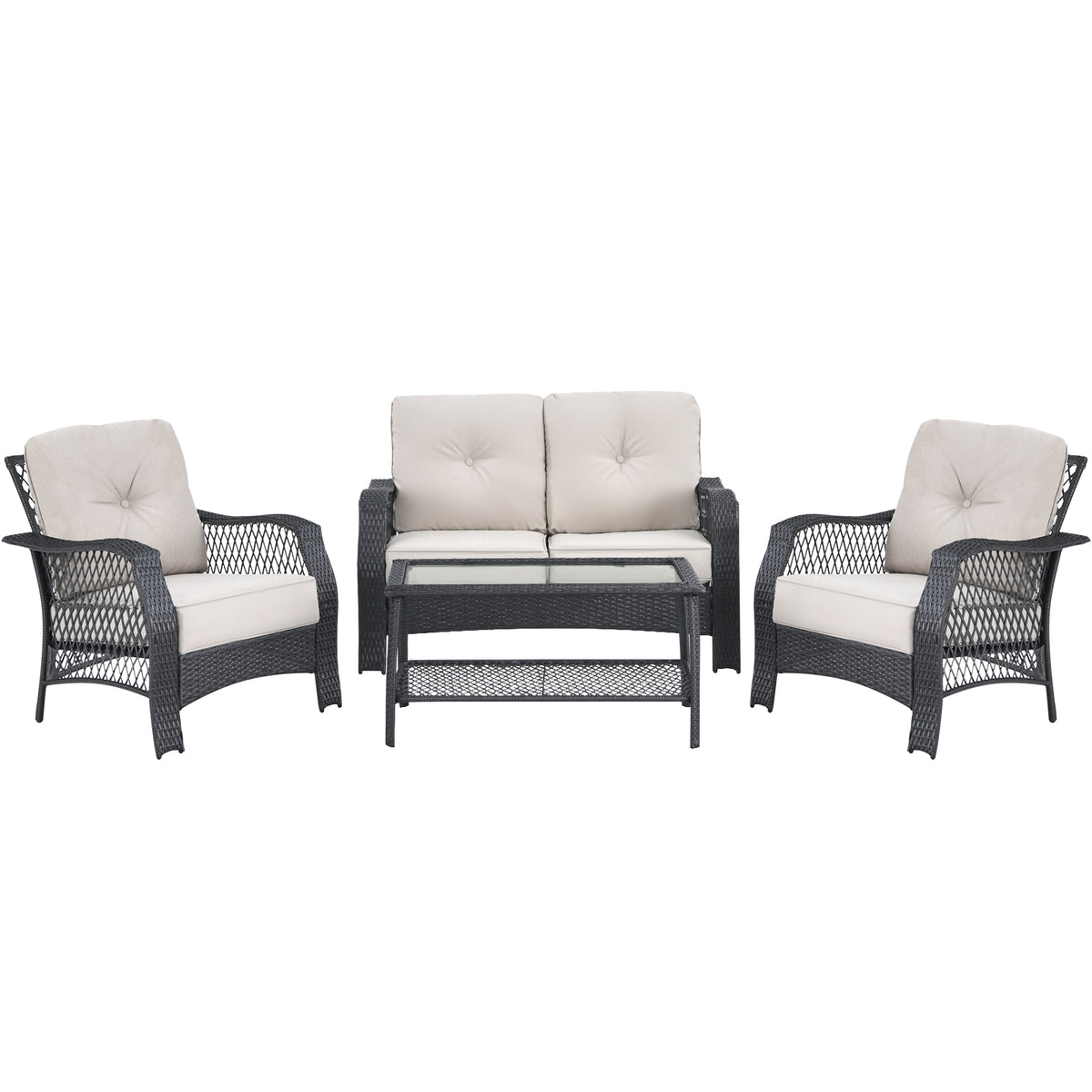 4 Pieces Patio Wicker Furniture Set with Coffee Table and Cushions