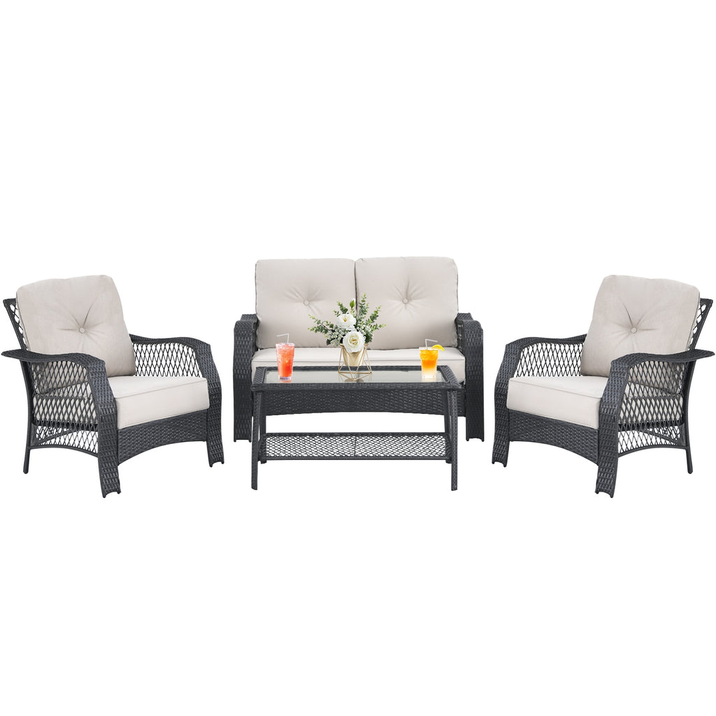 4 Pieces Patio Wicker Furniture Set with Coffee Table and Cushions