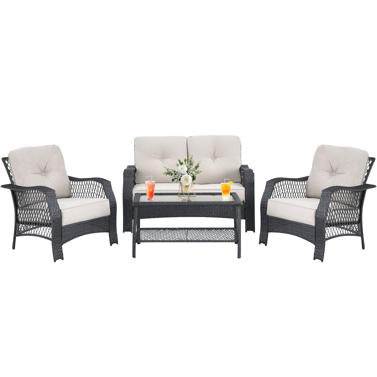 4 Pieces Patio Wicker Furniture Set with Coffee Table and Cushions