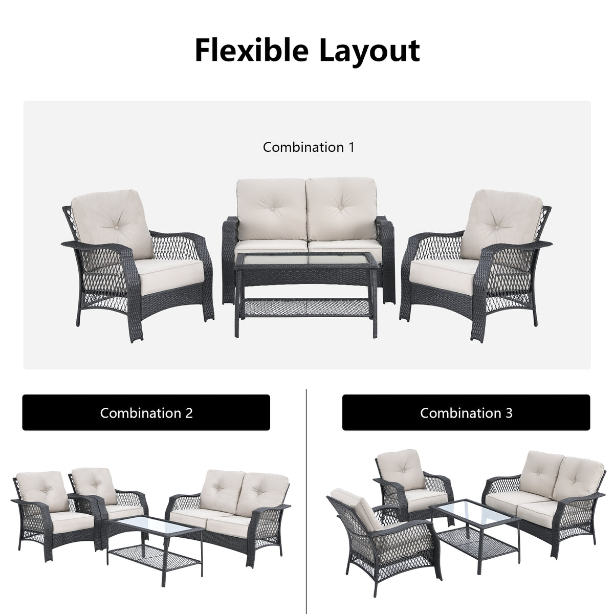 4 Pieces Patio Wicker Furniture Set with Coffee Table and Cushions