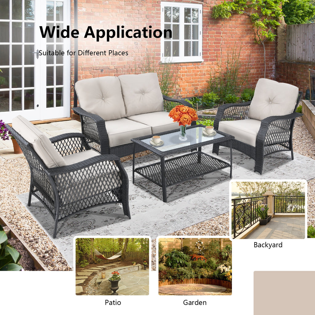 4 Pieces Patio Wicker Furniture Set with Coffee Table and Cushions