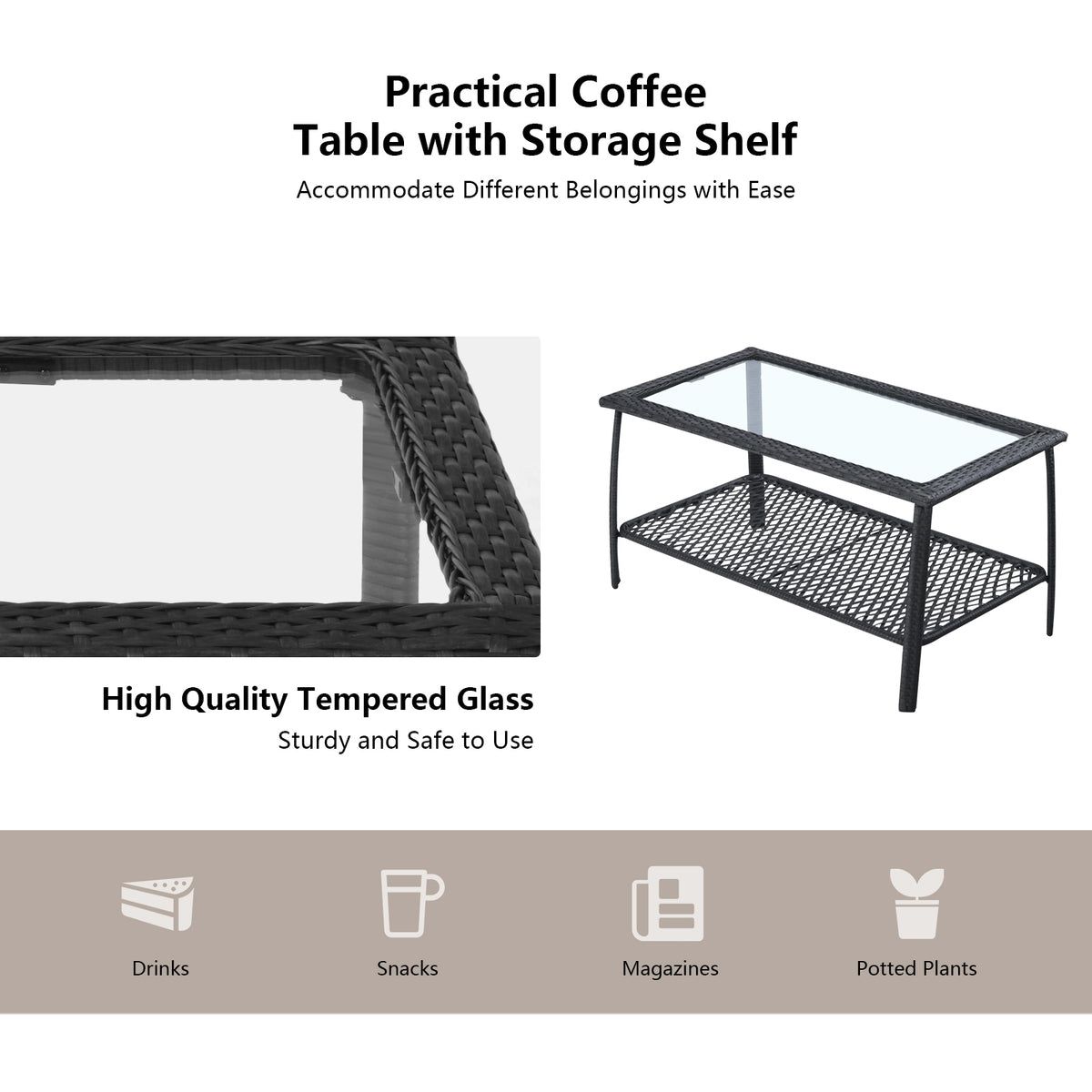 4 Pieces Patio Wicker Furniture Set with Coffee Table and Cushions