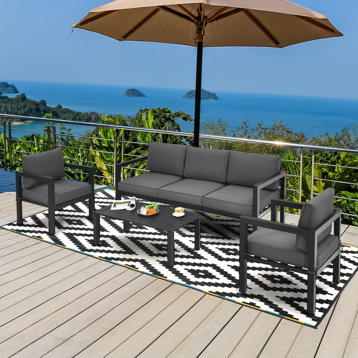 4-Piece Outdoor Patio Set with Sofa, Chairs & Table - Gray