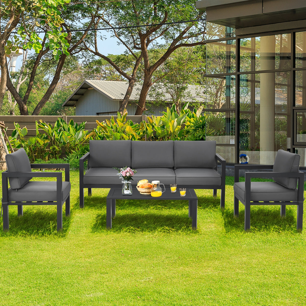4-Piece Outdoor Patio Set with Sofa, Chairs & Table - Gray
