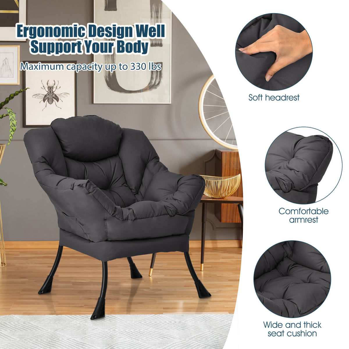 Lazy Chair with Steel Frame and Side Pocket - Gray