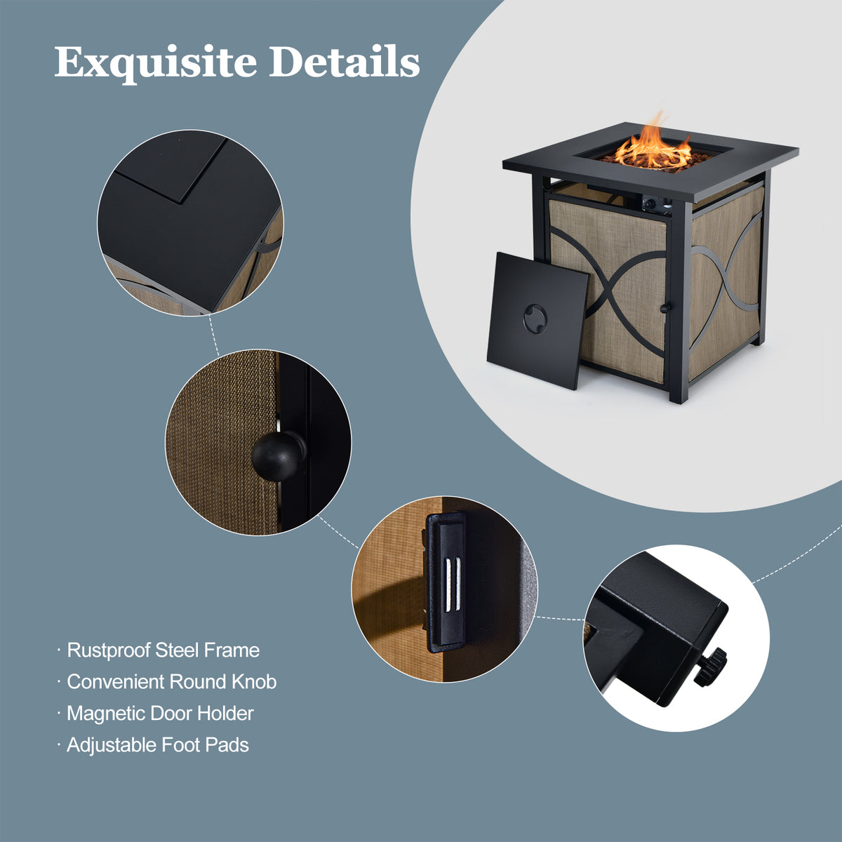 25 Inch 40000 BTU Propane Fire Pit Table with Lid and Glass