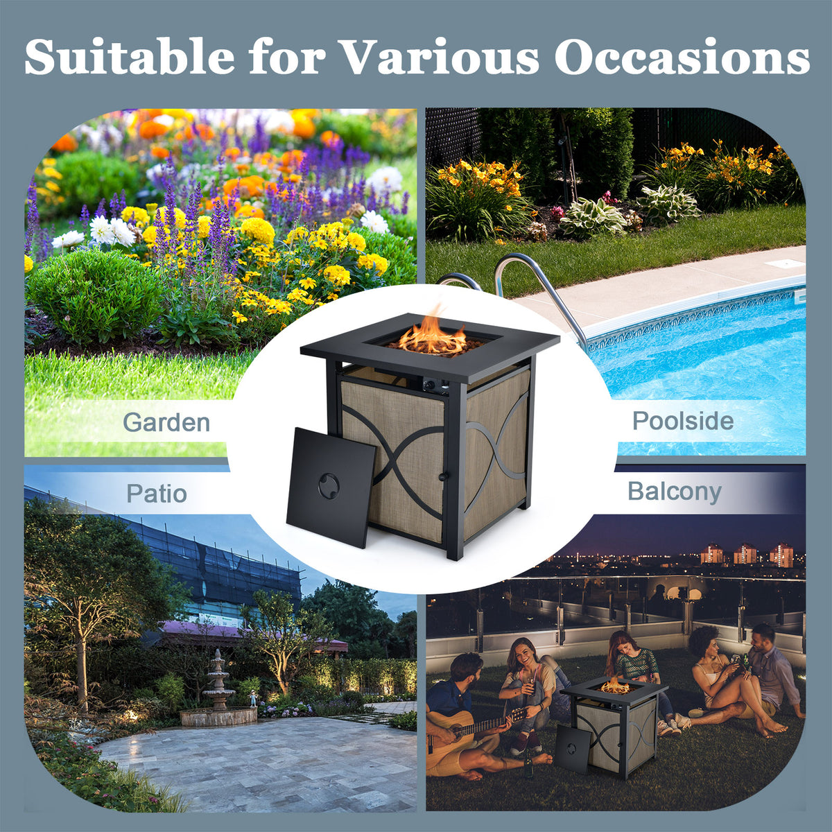 25 Inch 40000 BTU Propane Fire Pit Table with Lid and Glass