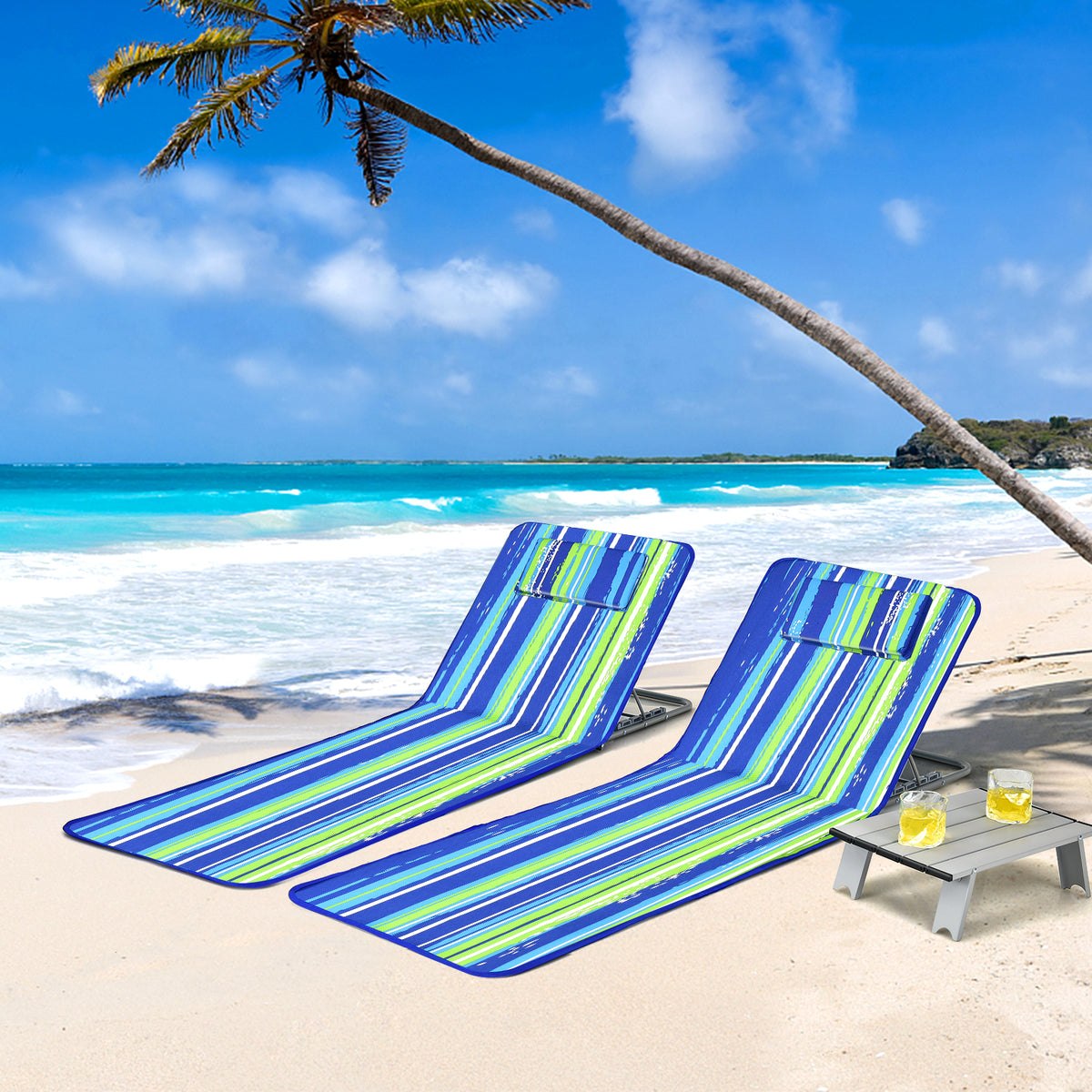 Folding Beach Chair & Table Set - Blue & Green