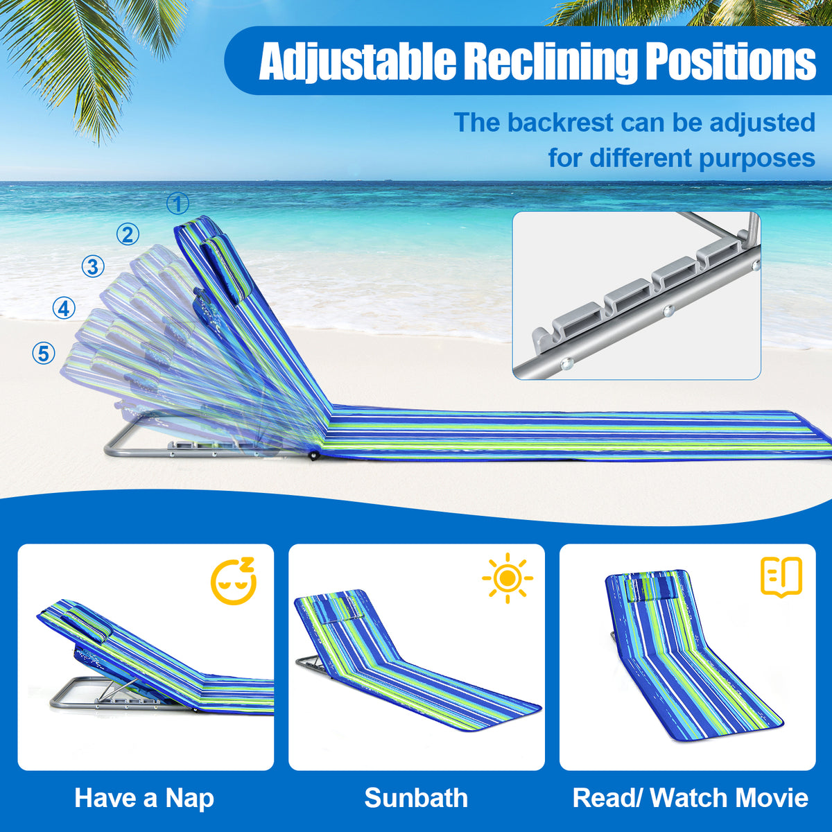 3 Pieces Beach Lounge Chair Mat Set 2 Adjustable Chairs with Table