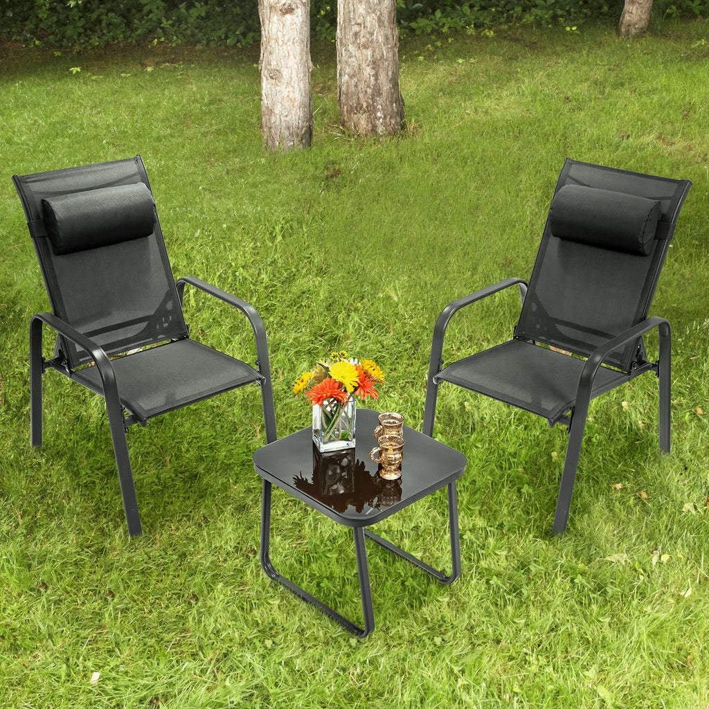 3-Piece Patio Bistro Set with Adjustable Backrest - Black
