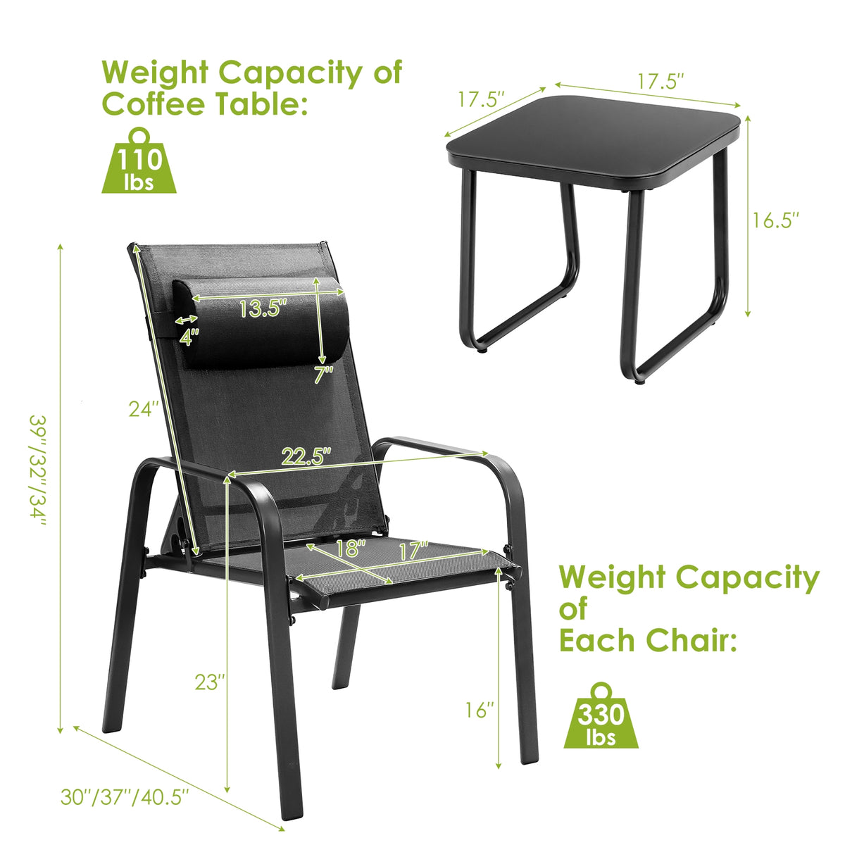 3-Piece Patio Bistro Set with Adjustable Backrest - Black