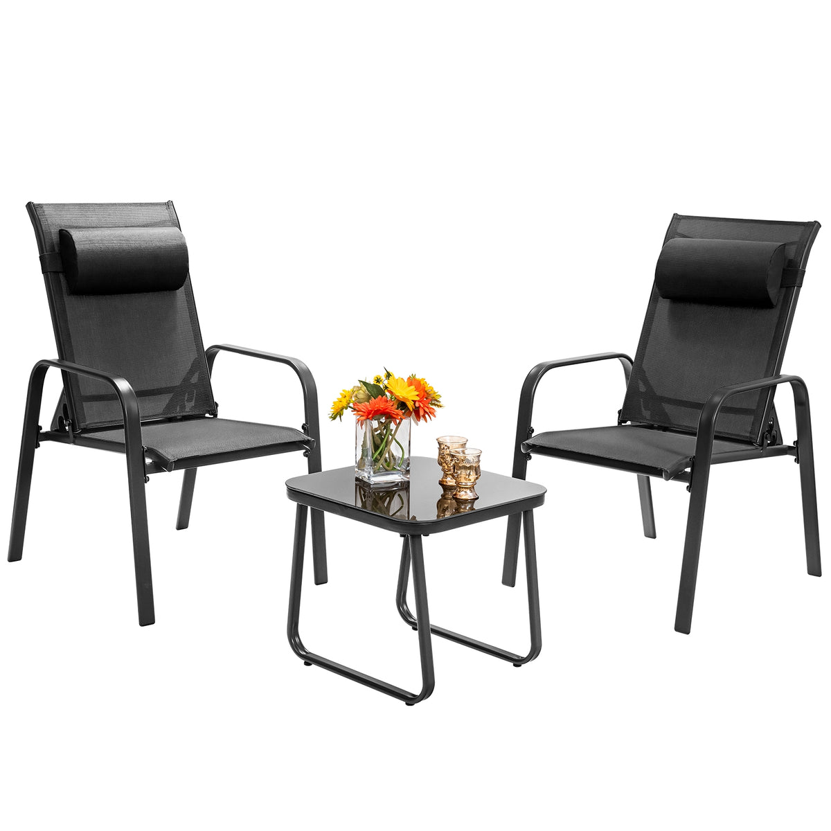3-Piece Patio Bistro Set with Adjustable Backrest - Black