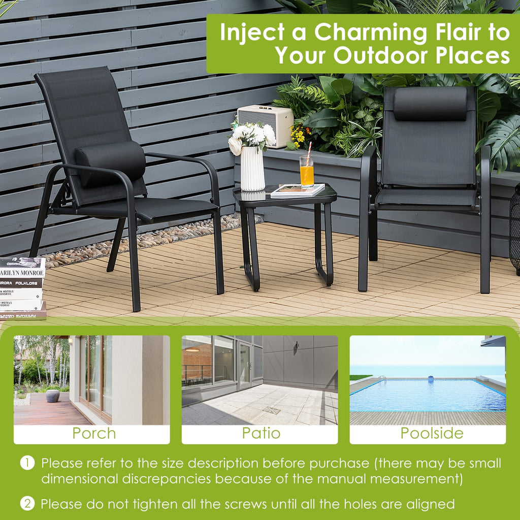3-Piece Patio Bistro Set with Adjustable Backrest - Black