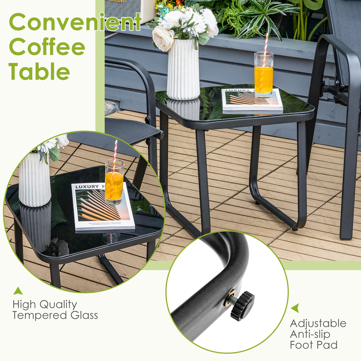 3-Piece Patio Bistro Set with Adjustable Backrest - Black