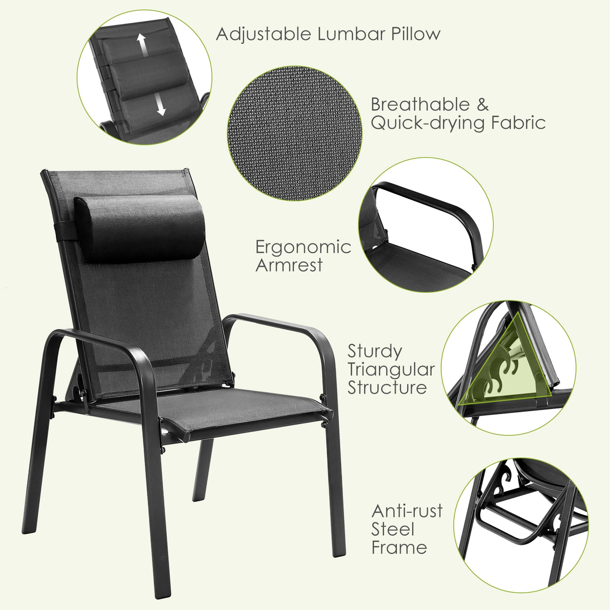 3-Piece Patio Bistro Set with Adjustable Backrest - Black