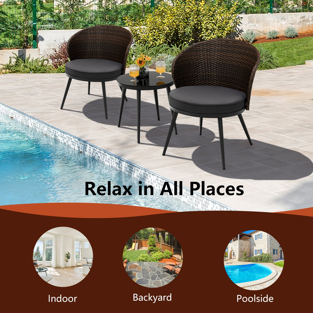 3 Pieces Patio Rattan Bistro Set with 2 Seat Cushions and Tempered