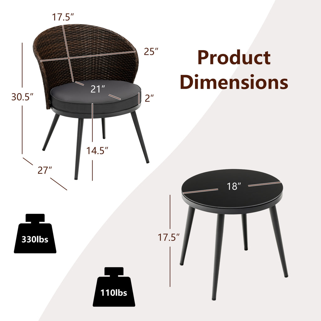 3 Pieces Patio Rattan Bistro Set with 2 Seat Cushions and Tempered