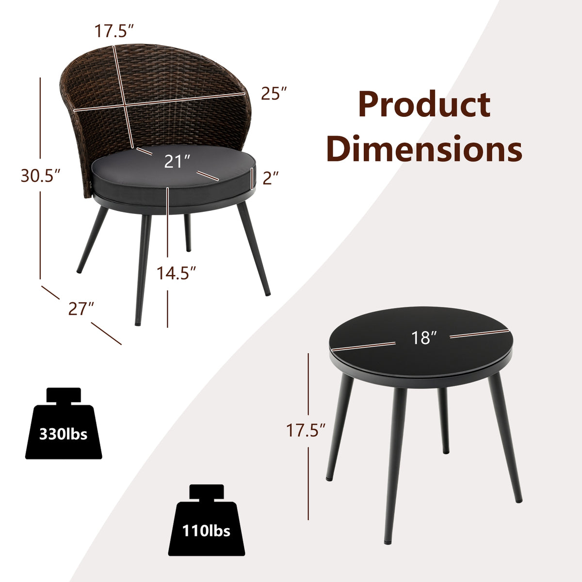 3 Pieces Patio Rattan Bistro Set with 2 Seat Cushions and Tempered
