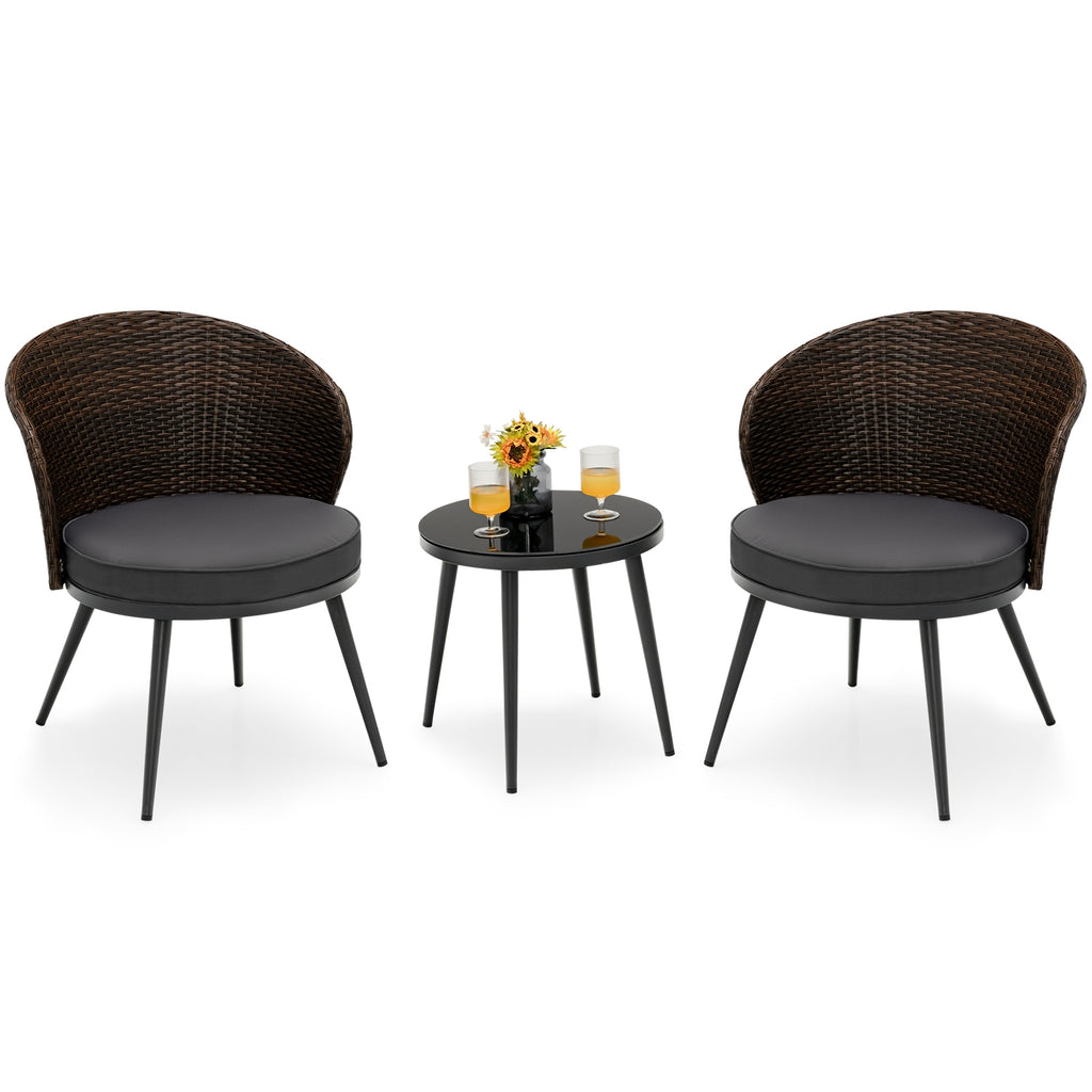 3 Pieces Patio Rattan Bistro Set with 2 Seat Cushions and Tempered