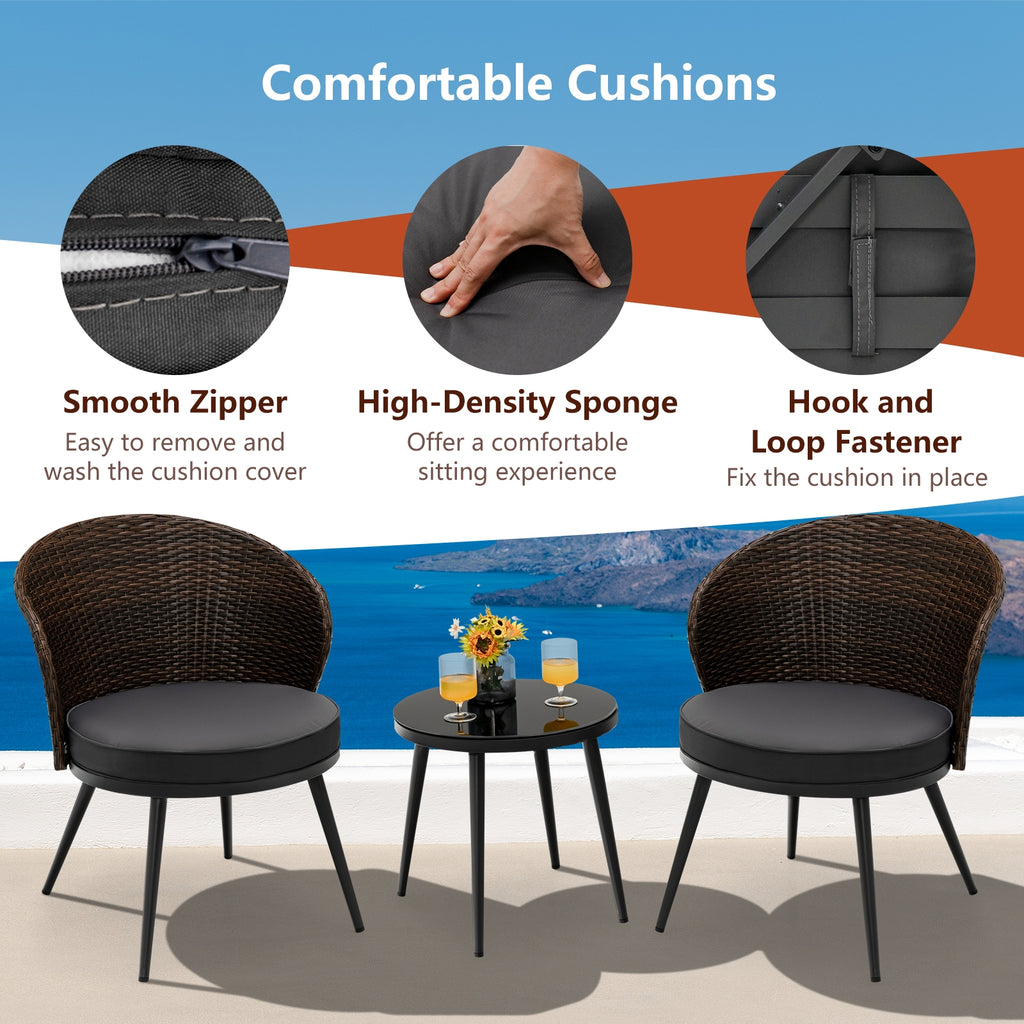 3 Pieces Patio Rattan Bistro Set with 2 Seat Cushions and Tempered