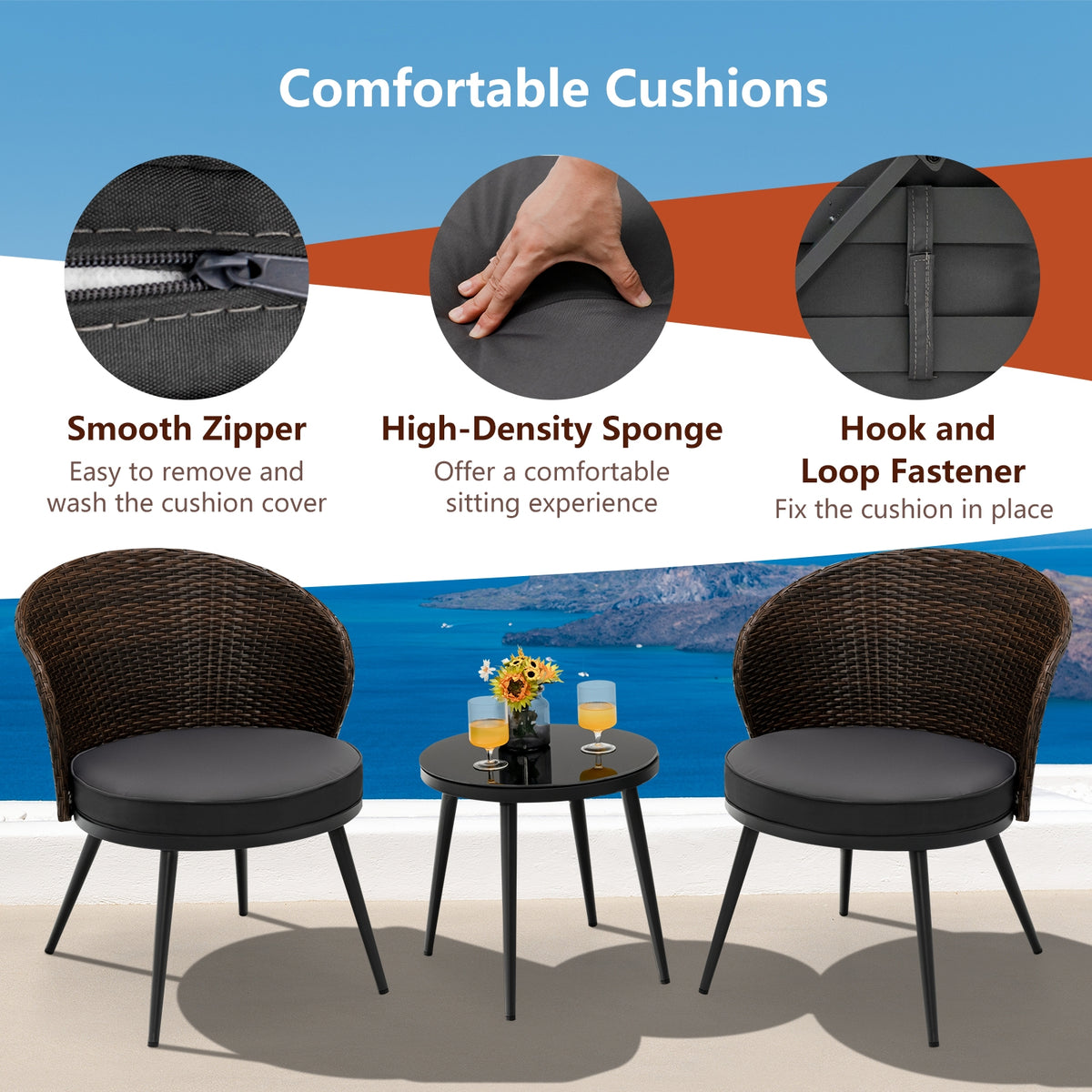 3 Pieces Patio Rattan Bistro Set with 2 Seat Cushions and Tempered