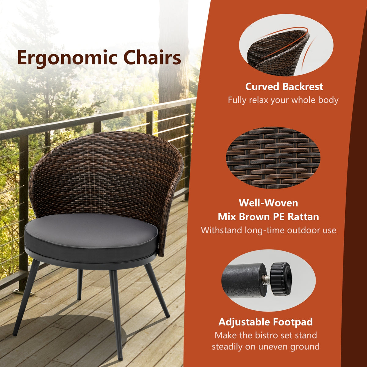 3 Pieces Patio Rattan Bistro Set with 2 Seat Cushions and Tempered