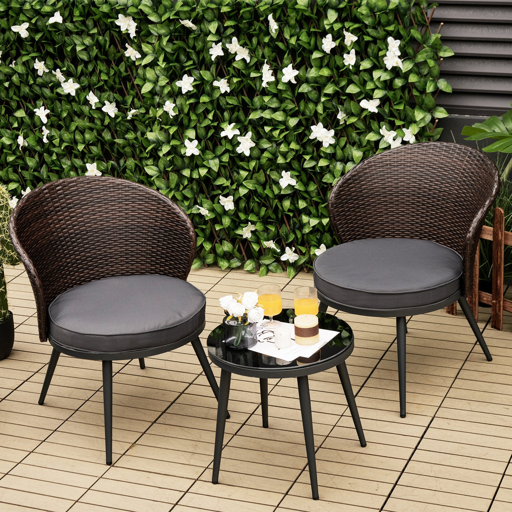 3 Pieces Patio Rattan Bistro Set with 2 Seat Cushions and Tempered