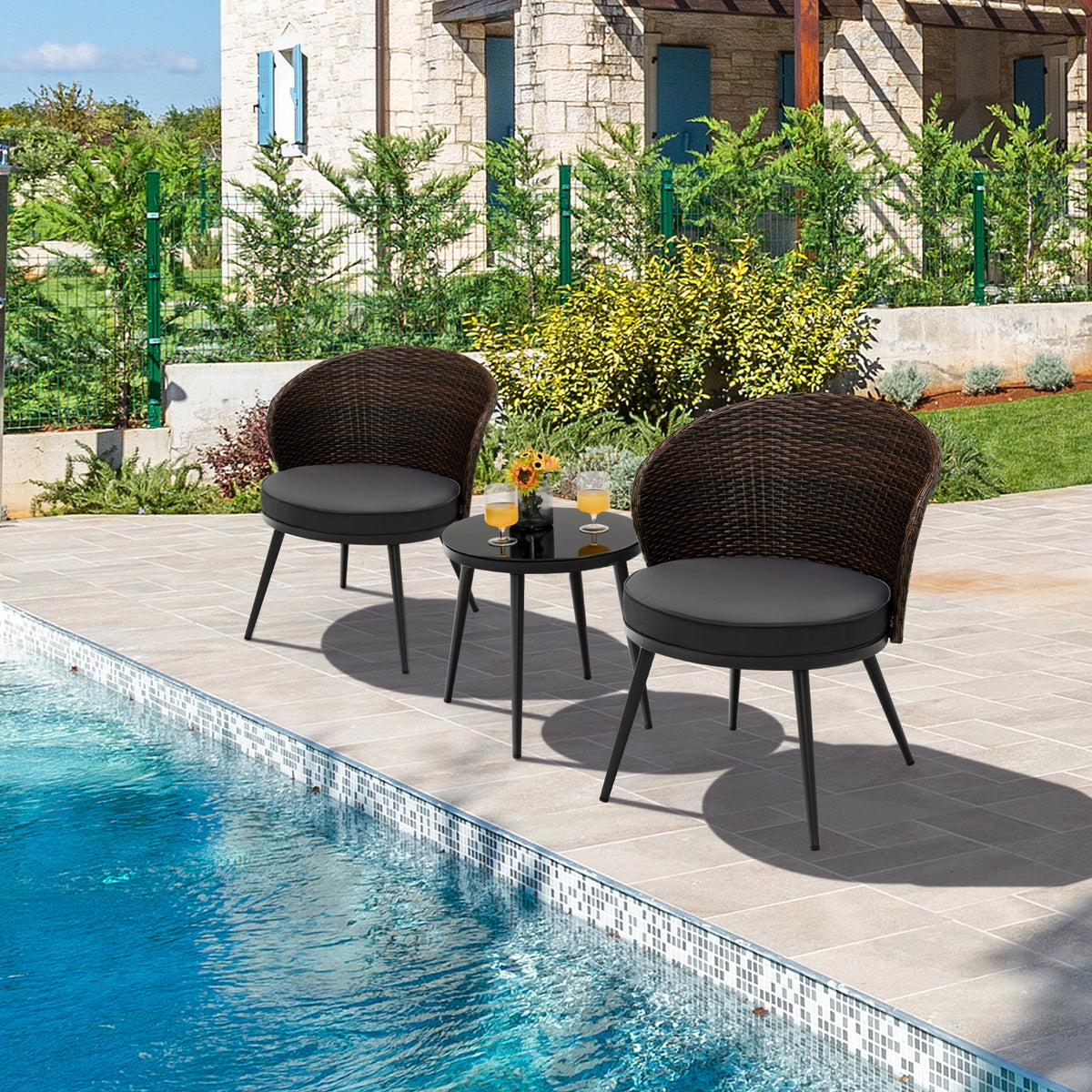 3 Pieces Patio Rattan Bistro Set with 2 Seat Cushions and Tempered