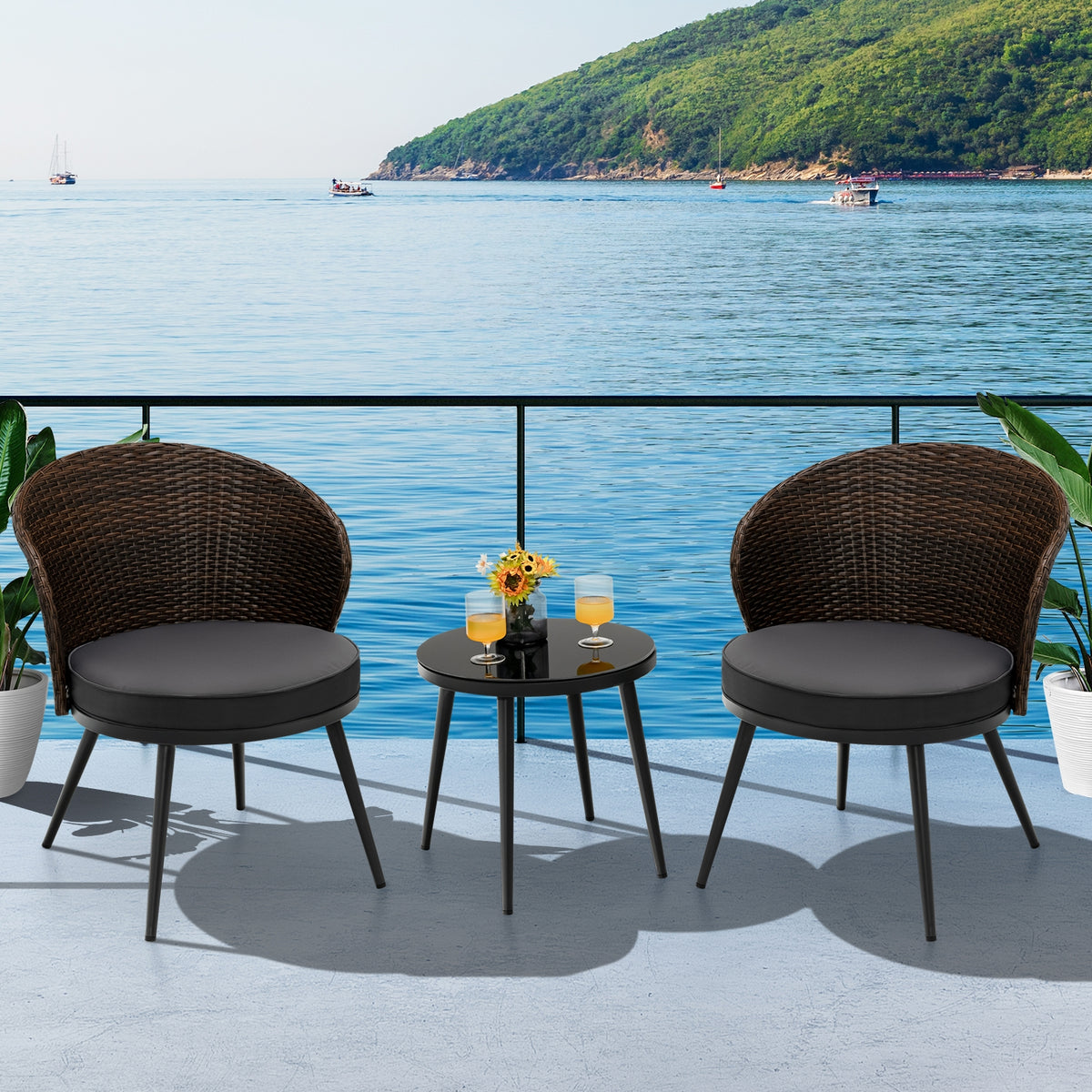 3 Pieces Patio Rattan Bistro Set with 2 Seat Cushions and Tempered
