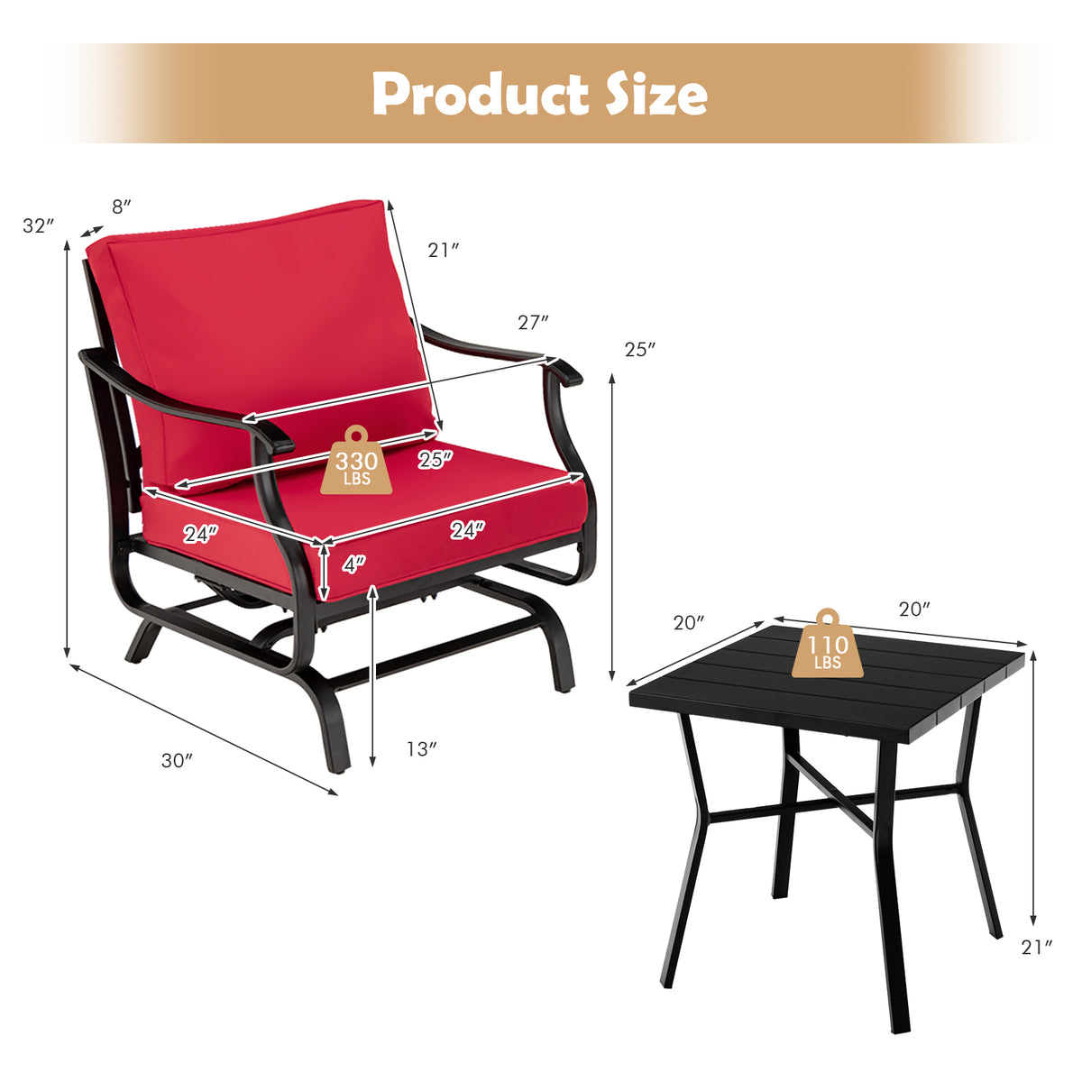 3-Piece Patio Glider Chair Set with Coffee Table - Red