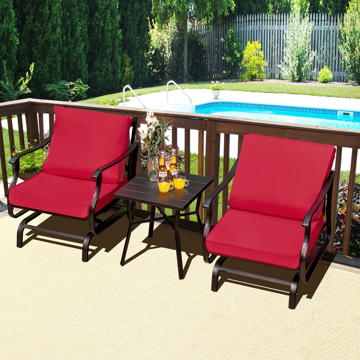 3-Piece Patio Glider Chair Set with Coffee Table - Red