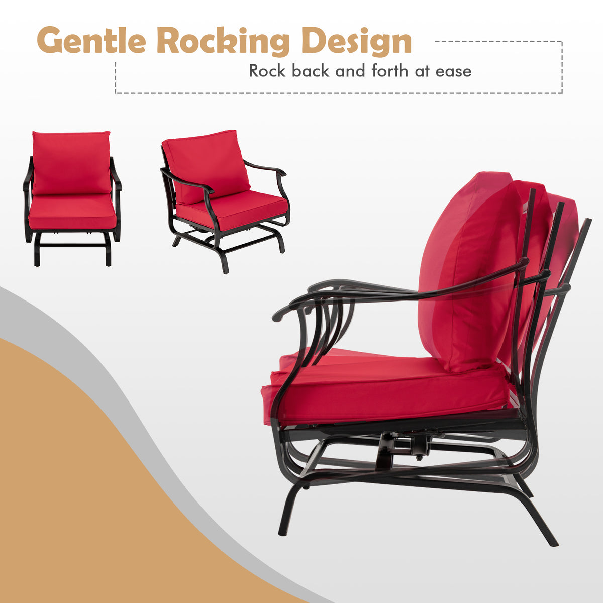 3-Piece Patio Glider Chair Set with Coffee Table - Red